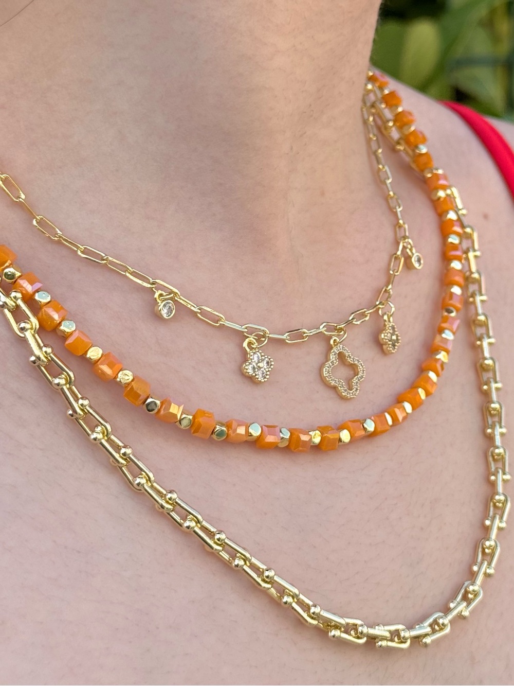 Orange Bead & Gold Tone Accent Necklace Summer Adjustable Choker